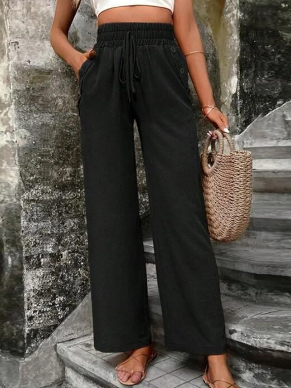 Tied High Waist Wide Leg Pants with Pockets, image 6
