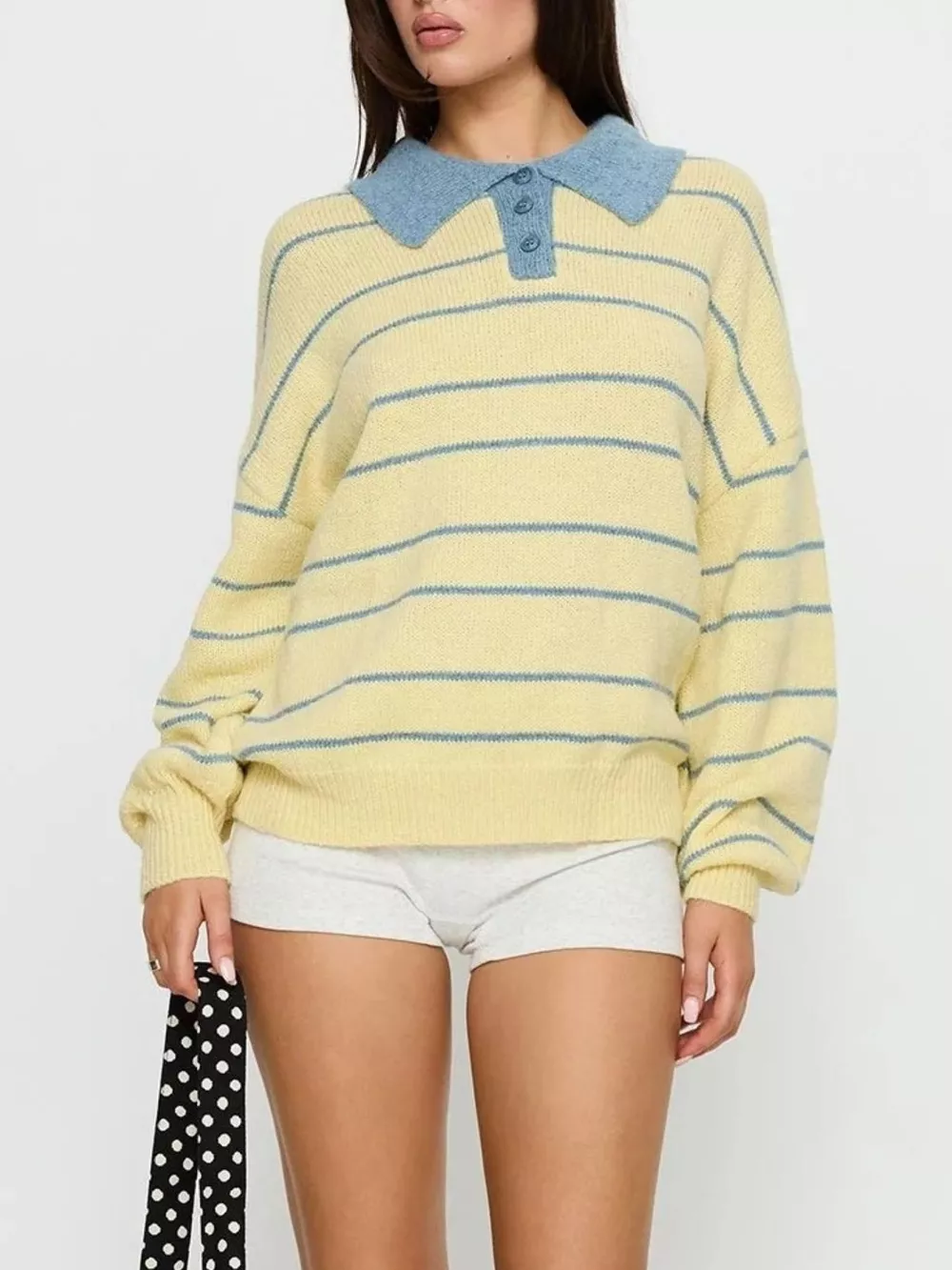 Striped Polo Collar Long Sleeve Sweater, image 3
