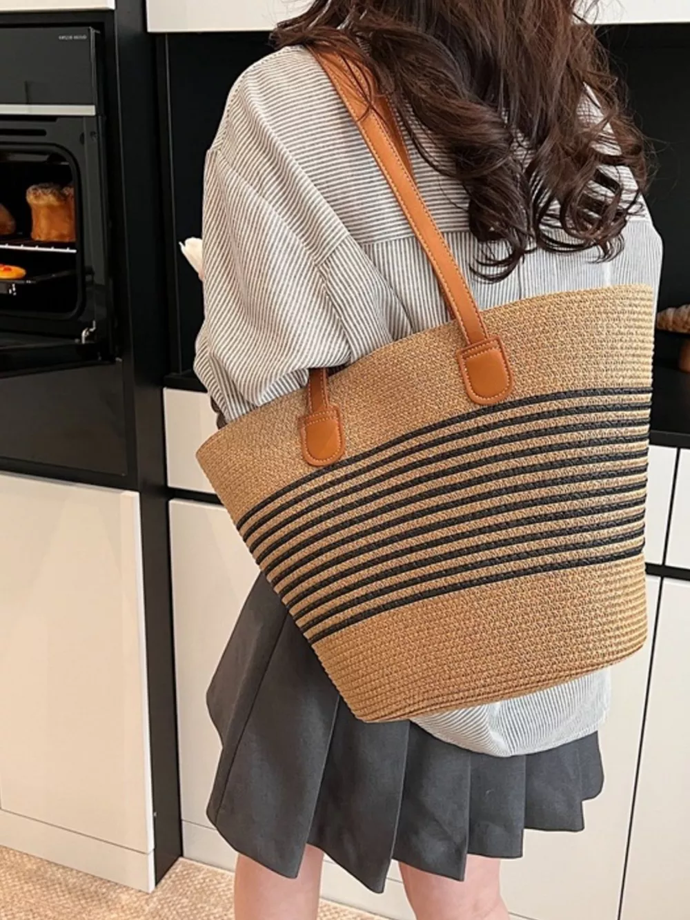 Striped Woven Straw Shoulder Bag, image 6
