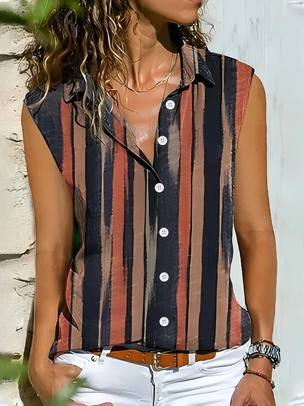 Button Detail Striped Sleeveless Shirt, image 7