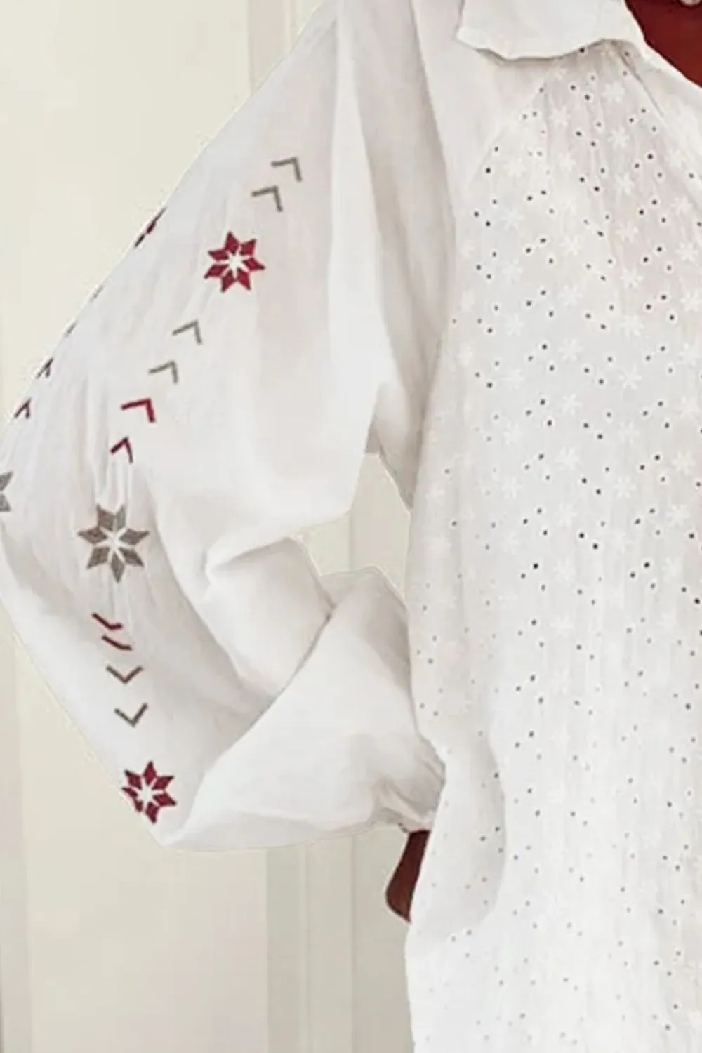 Eyelet Collared Neck Long Sleeve Shirt, image 2