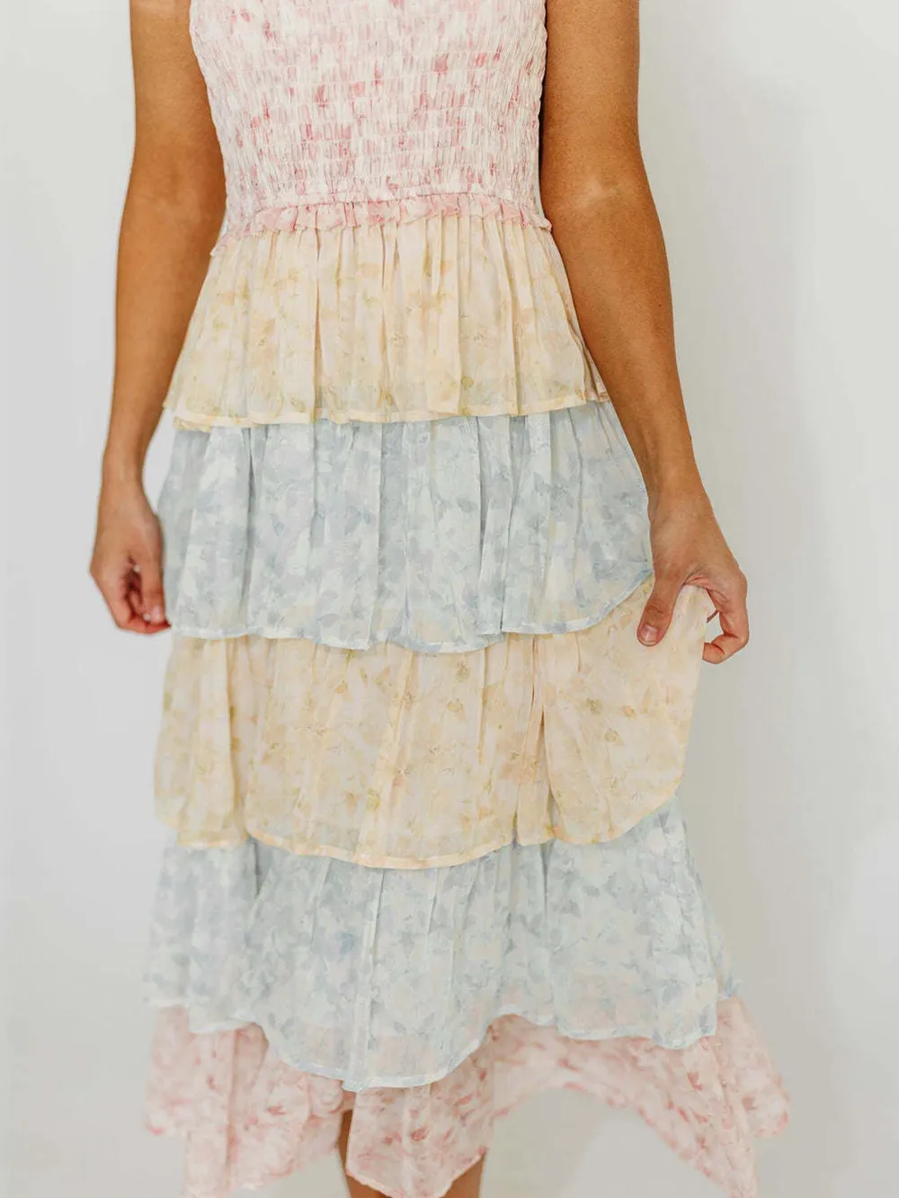 Smocked Ruffle Layered Floral Midi Dress, image 11