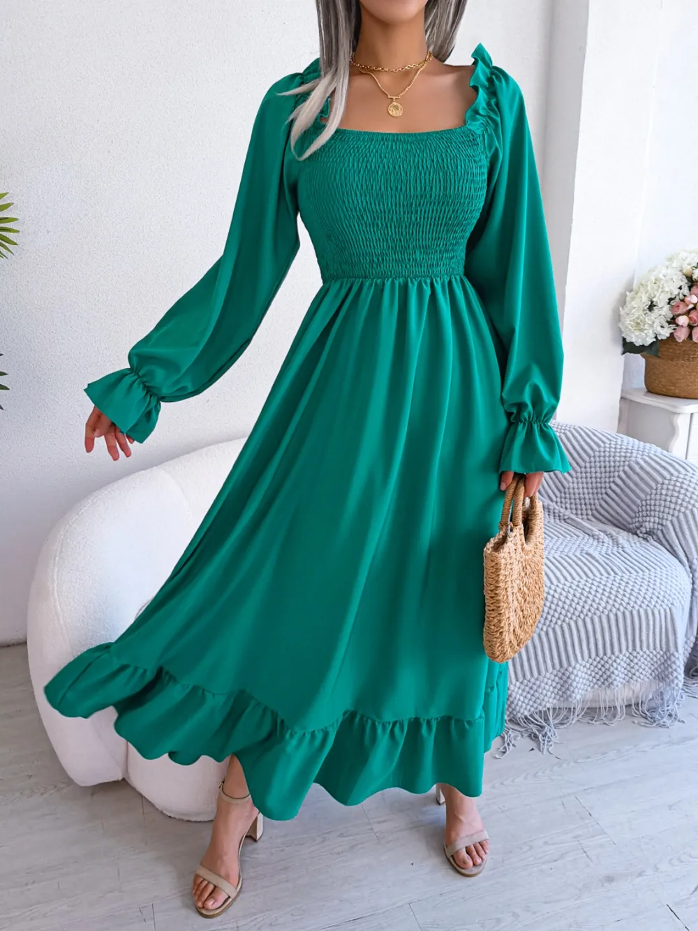 Smocked Square Neck Flounce Sleeve Dress, image 12