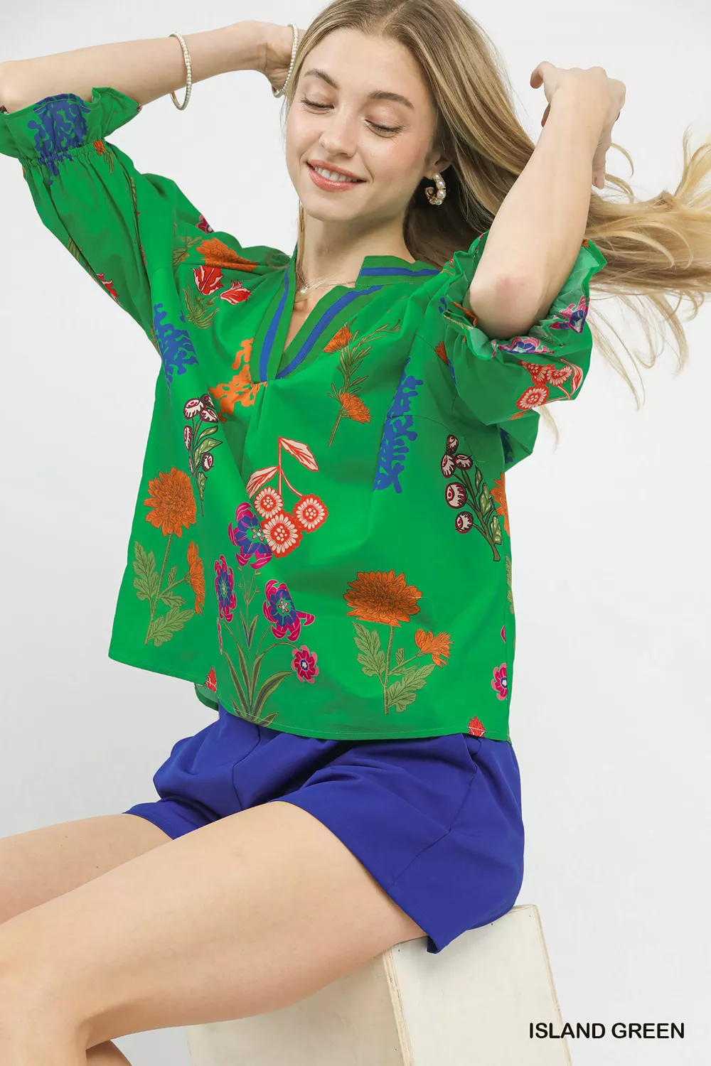 Floral Split Neck Puff Sleeve Top, image 3