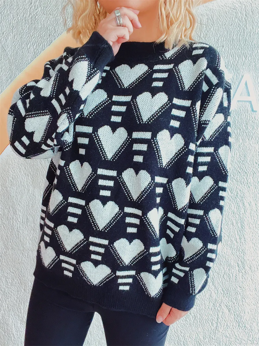 Heart Contrast Long Sleeve Dropped Shoulder Sweater, image 26