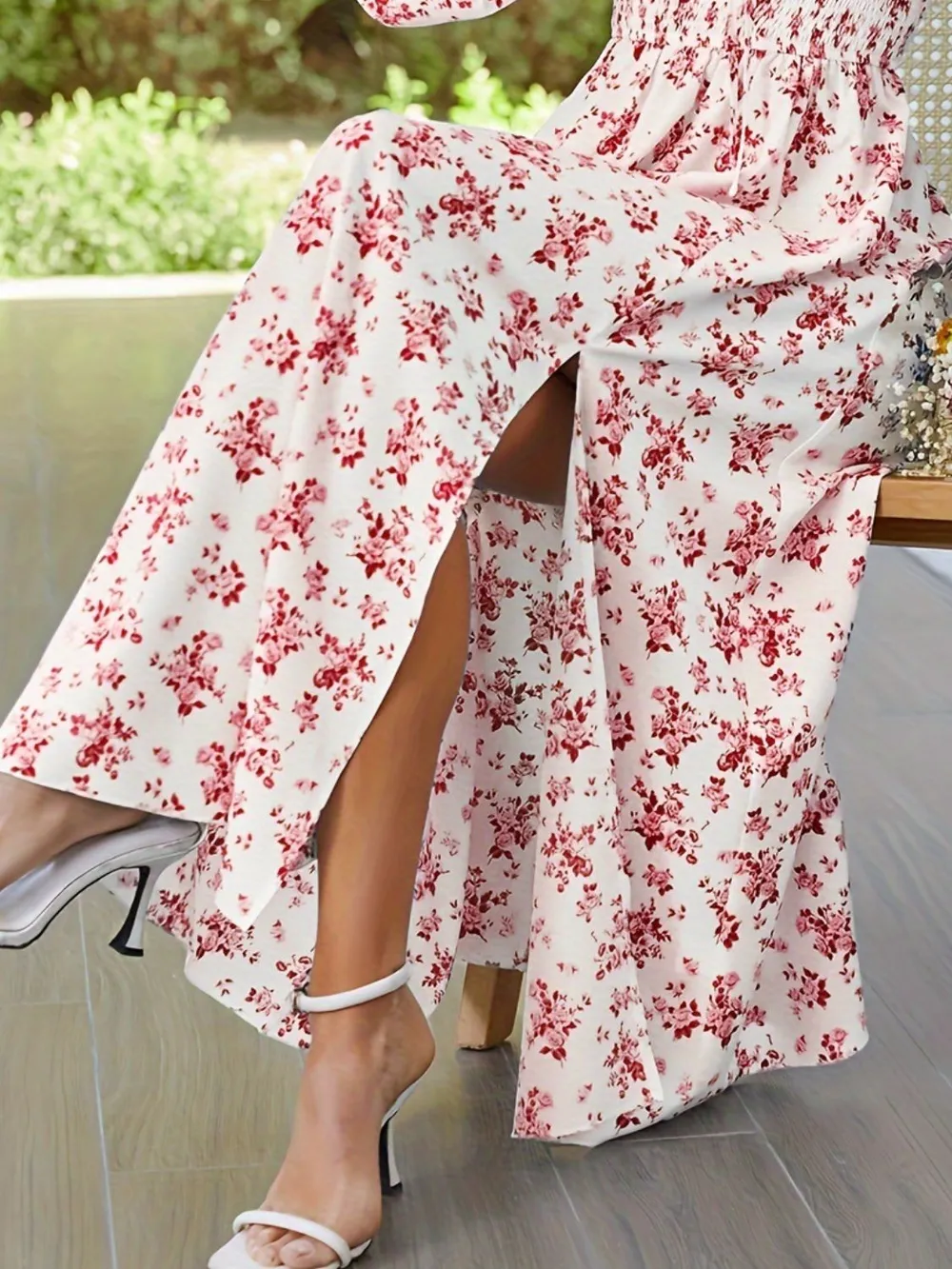 Slit Smocked Floral Square Neck Balloon Sleeve Midi Dress, image 7