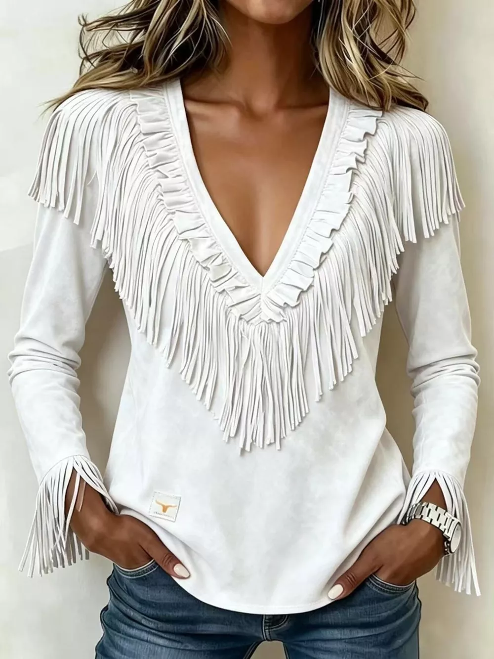 Fringed V-Neck Blouse, image 22