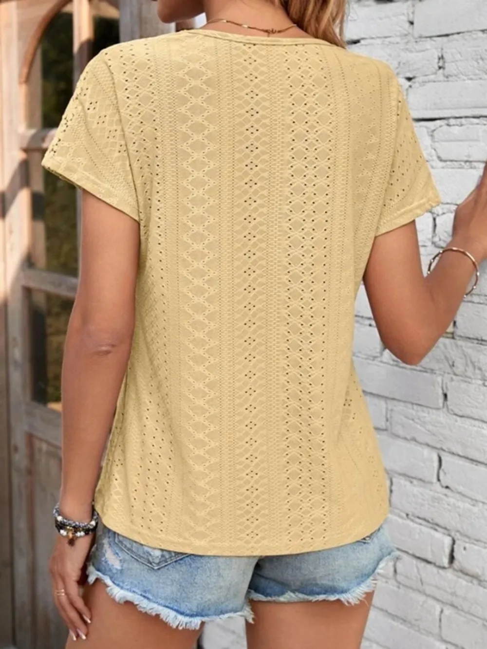 Eyelet V-Neck Short Sleeve T-Shirt, image 12