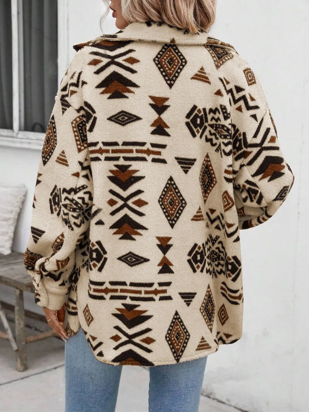 Geometric Button Up Dropped Shoulder Jacket, image 3