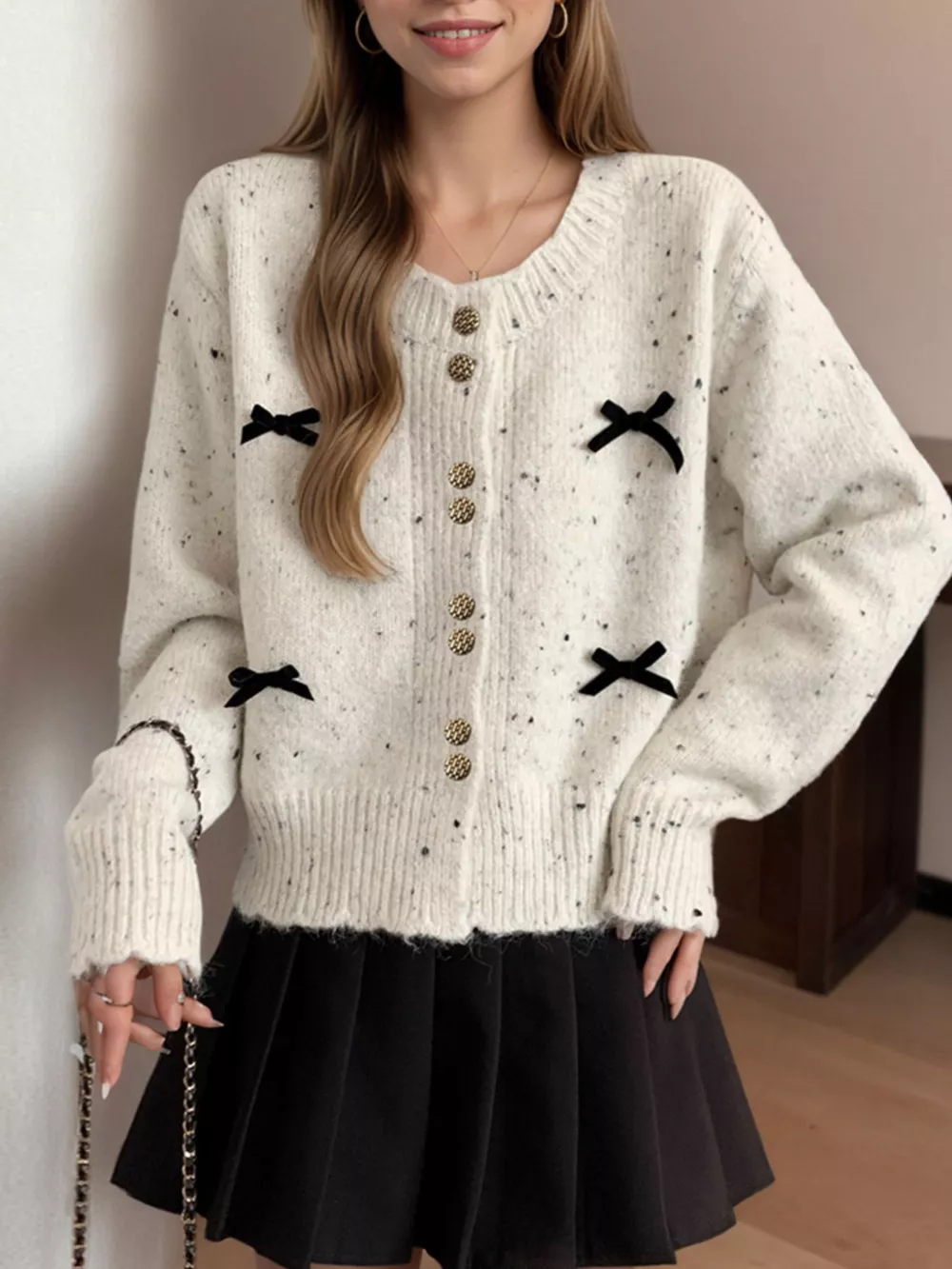 Bow Button Up Ribbed Hem Cardigan, image 5