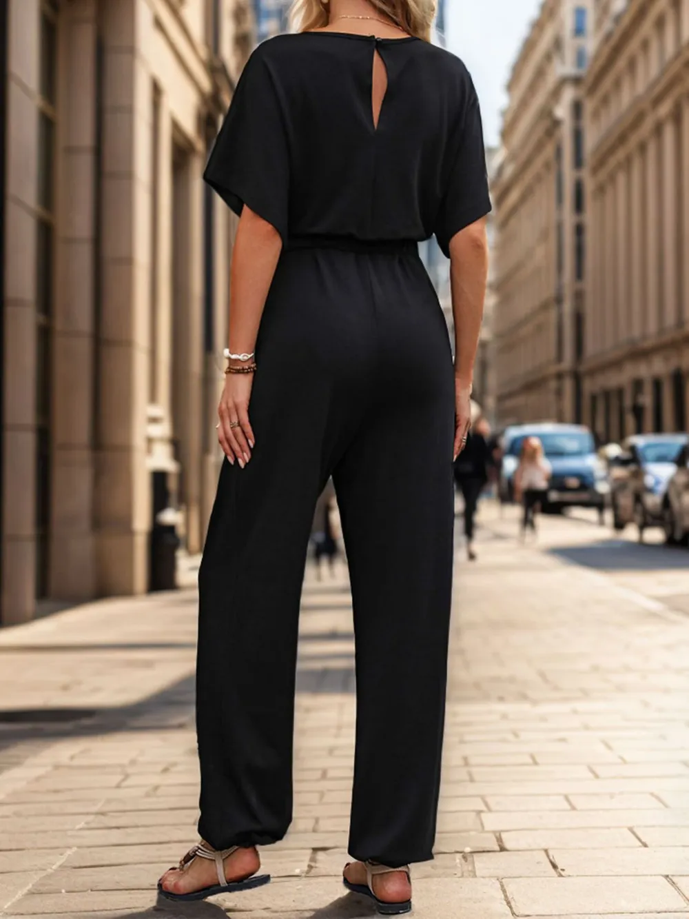Notched Half Sleeve Straight Jumpsuit, image 2