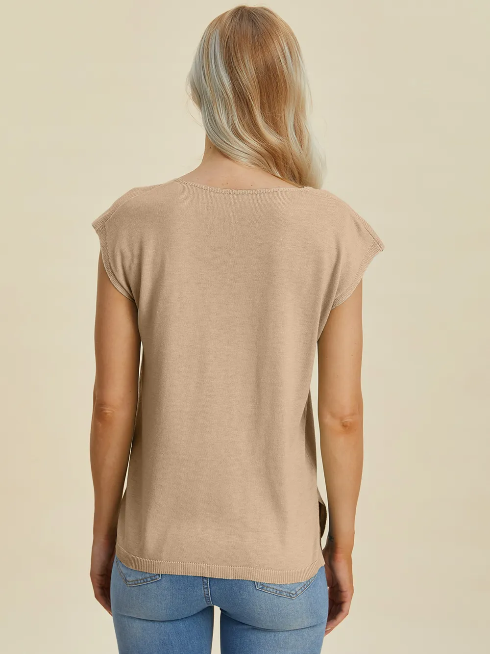 Full Size Notched Cap Sleeve Knit Top, image 5