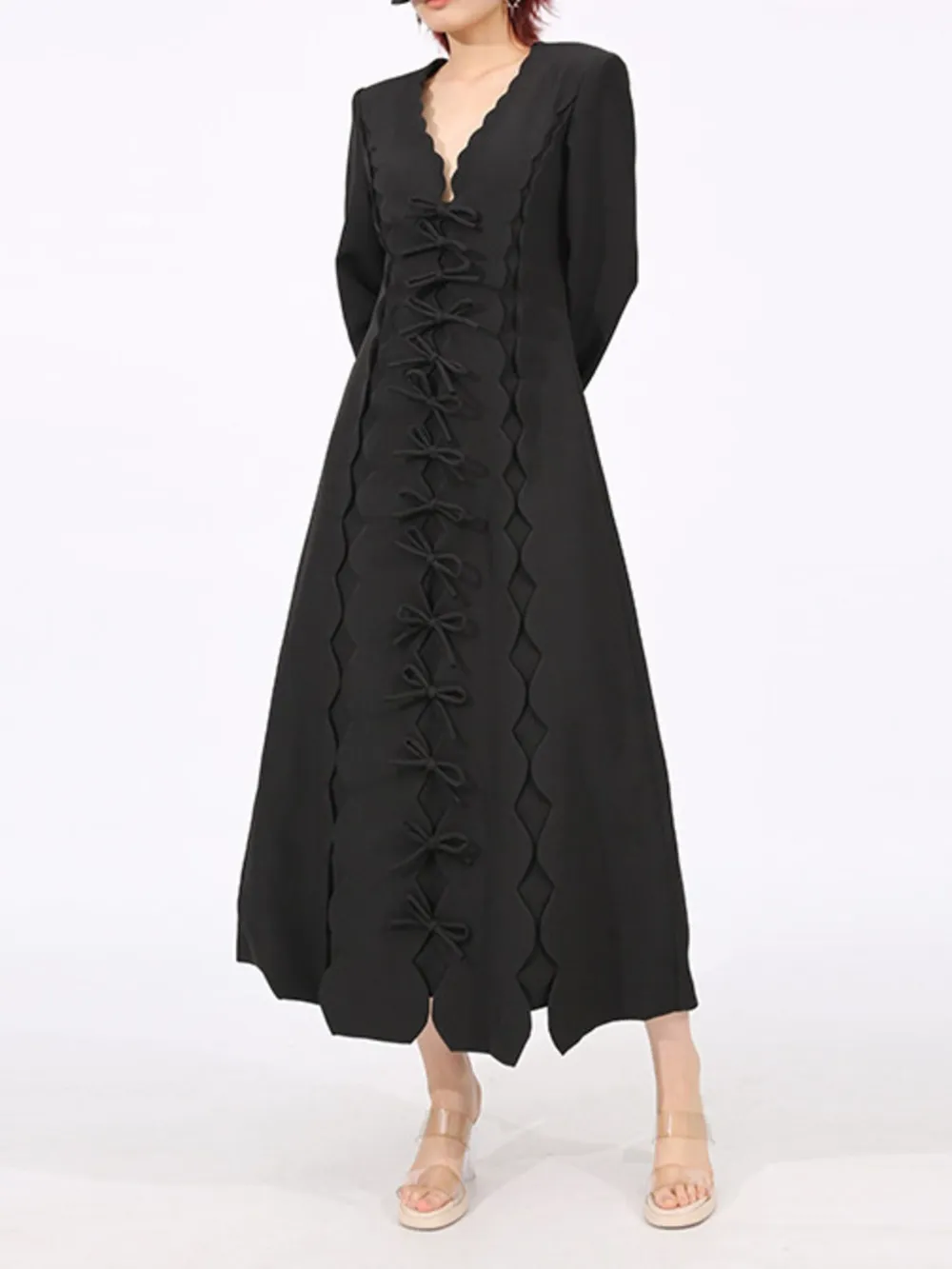 Long Sleeve Bow Front Midi Dress