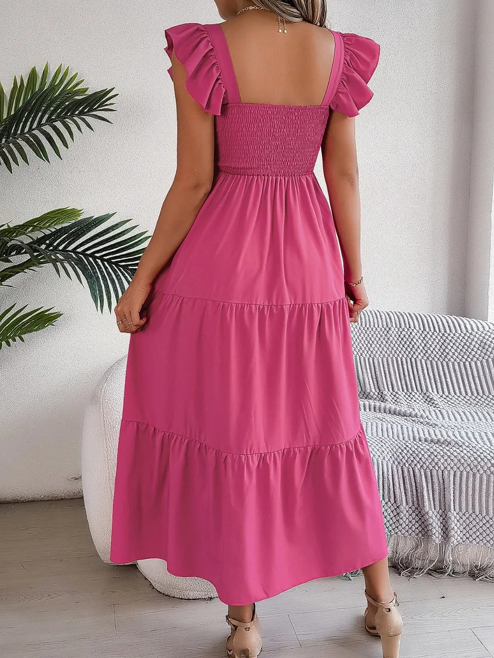 Smocked Square Neck Cap Sleeve Midi Dress, image 12