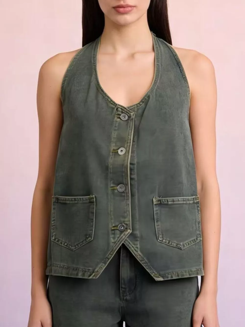 Halter Neck Button-Down Denim Vest, image 9