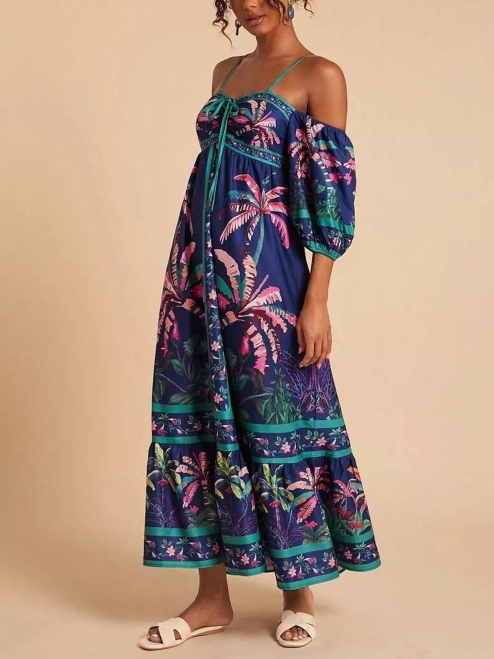Tropical Print Spaghetti Strap Maxi Dress, image 4