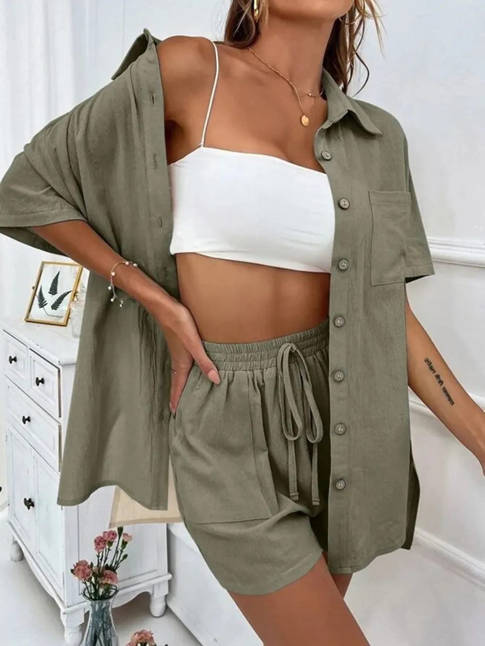 Button Up Shirt and Drawstring Shorts Set, image 17