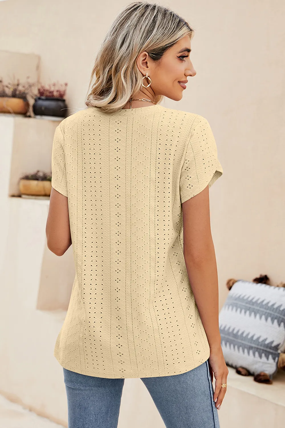 Eyelet V-Neck Petal Sleeve T-Shirt, image 16