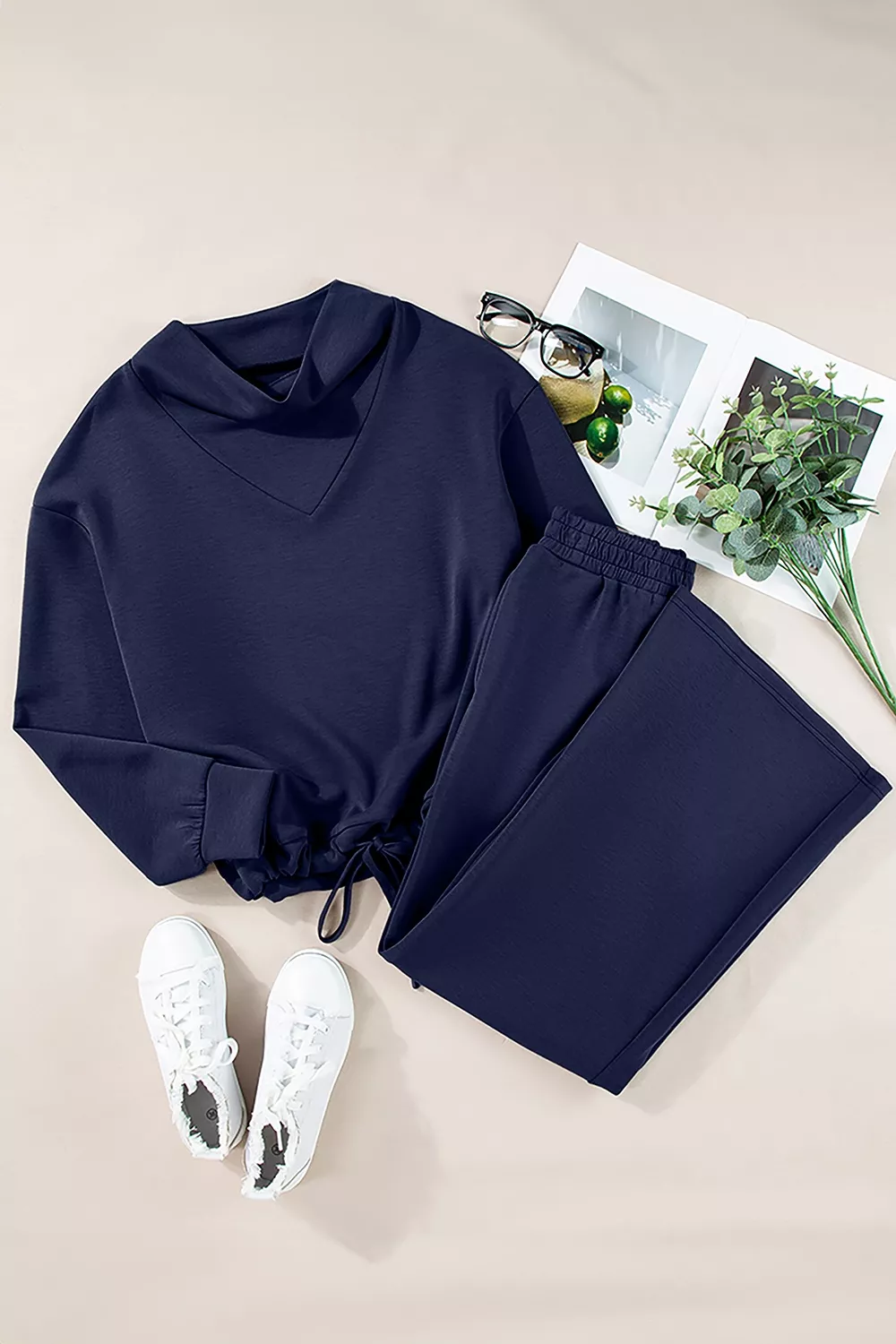 Solid Color Cowl Neck Drawstring Pullover Wide Leg Athleisure Pants Set, image 7