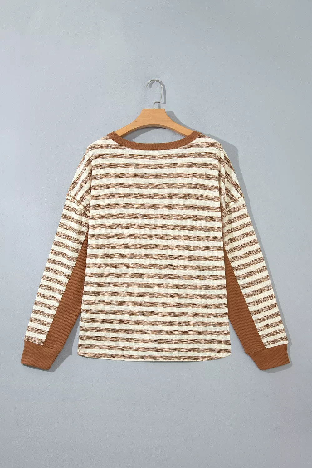 Stripe Textured Knit Color Block Trim Long Sleeve Round Neck Top, image 5