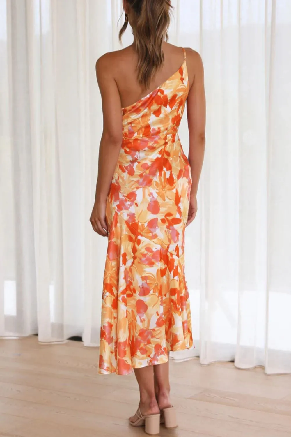 Ruched Printed Single Shoulder Midi Dress, image 3