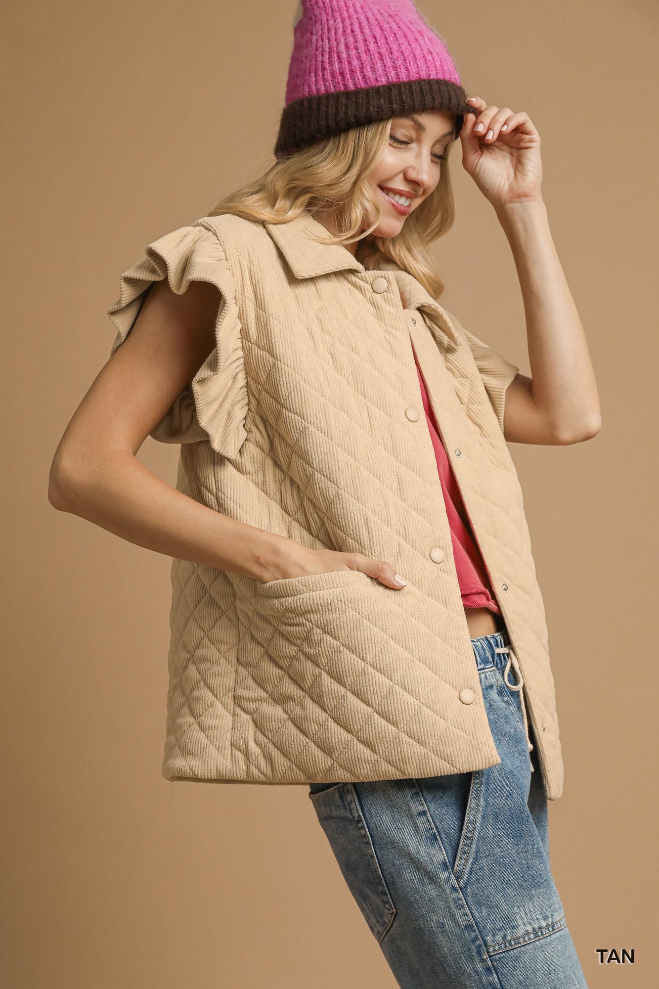 Corduroy Quilted Ruffle Sleeve Vest, image 4