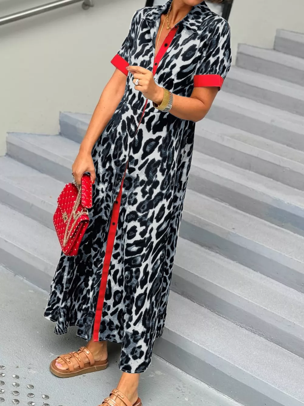 Leopard Print Button-Down Dress with Contrast Trim, image 13