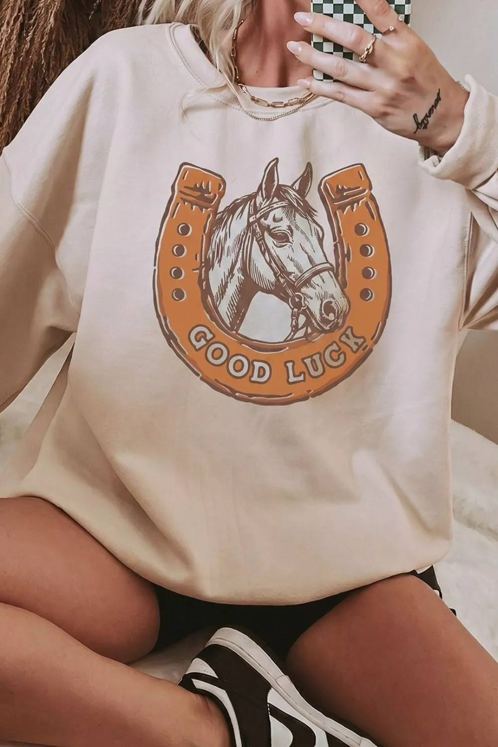 GOOD LUCK Western Horse Print Oversized Pullover Sweatshirt, image 4