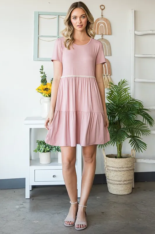 Full Size Solid Mini Tiered Dress with Pompom Lace Plus Size, image 6