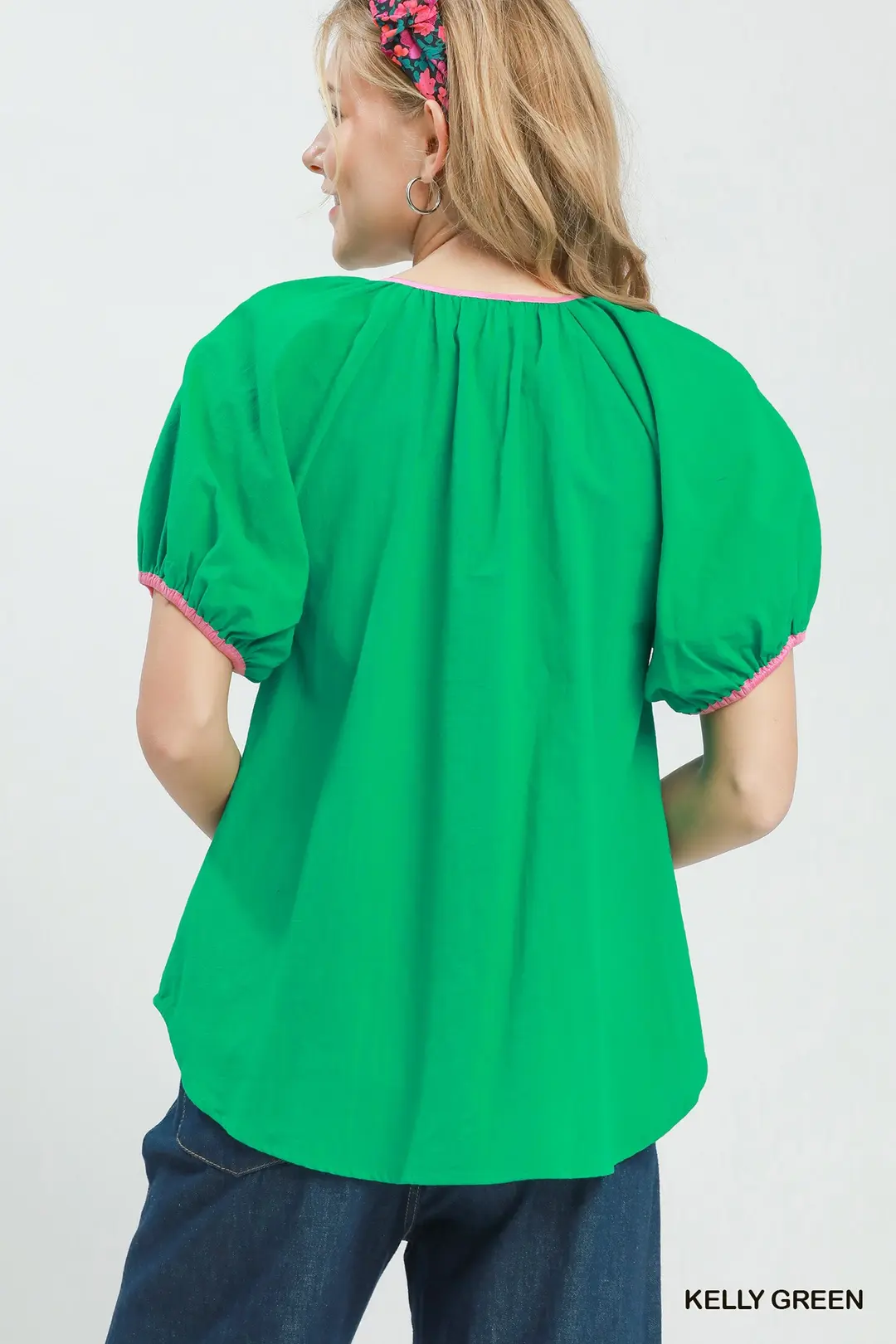 Contrast Trim Button Front Puff Sleeve Blouse, image 3