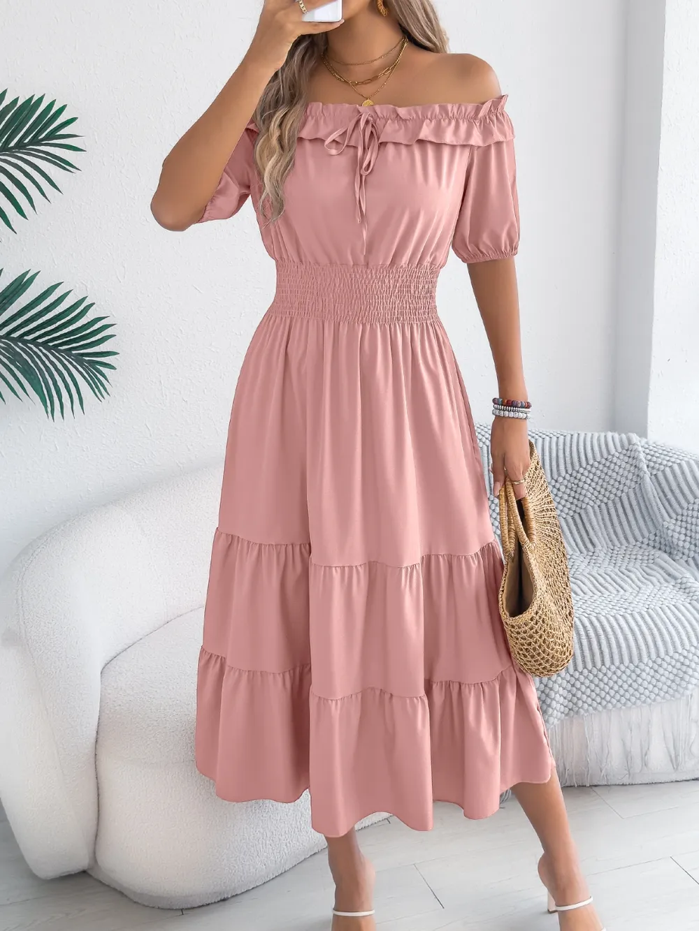Smocked Off-Shoulder Tiered Dress, image 7