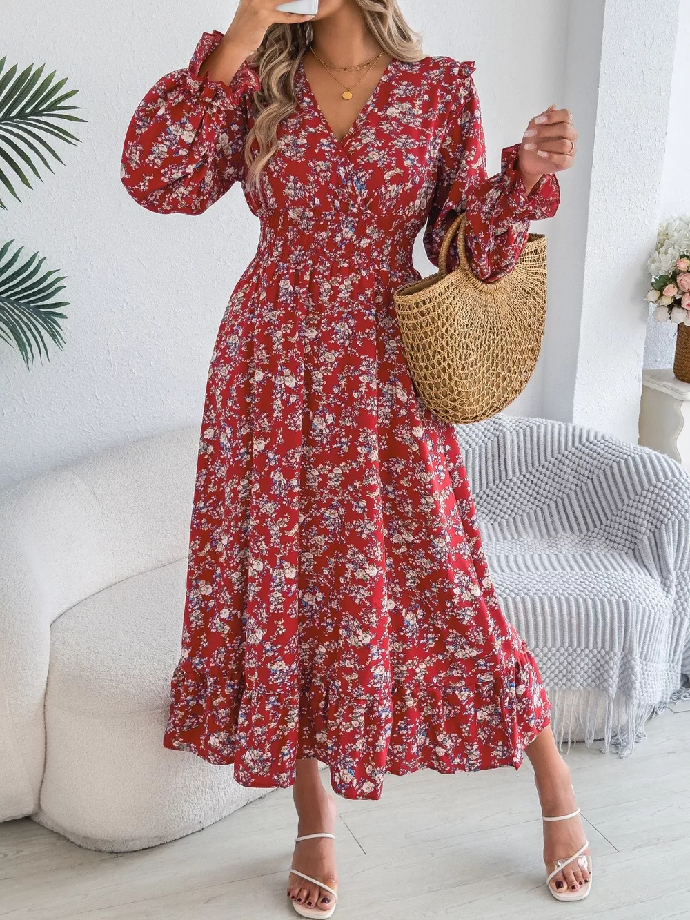 Ruffled Floral V-Neck Flounce Sleeve Dress, image 8