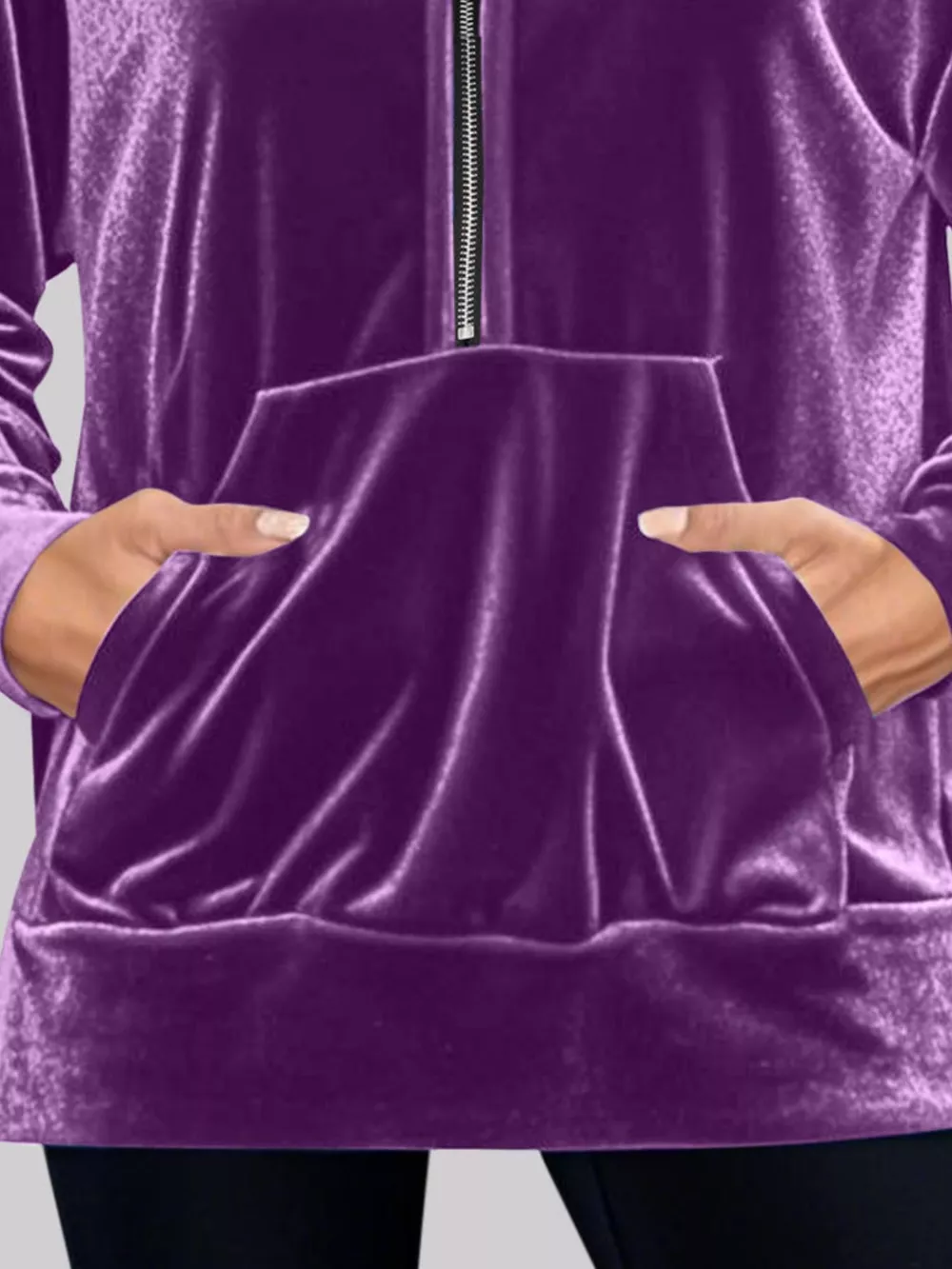 Full Size Velvet Half Zip Hoodie with Kangaroo Pocket Plus Size, image 6
