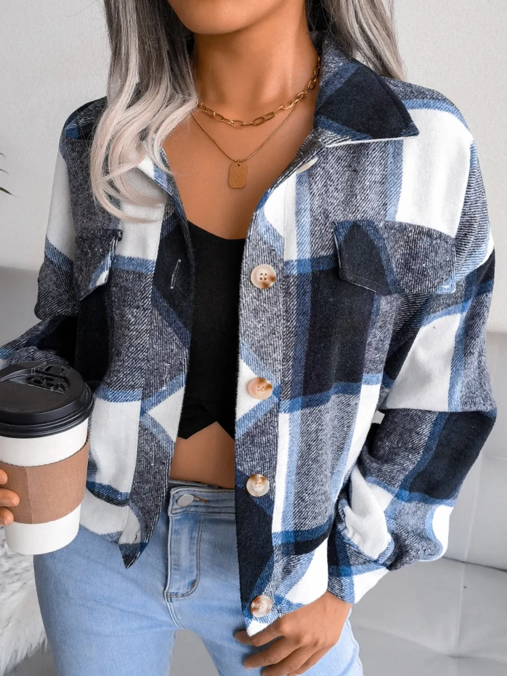 Plaid Collared Neck Long Sleeve Jacket, image 5