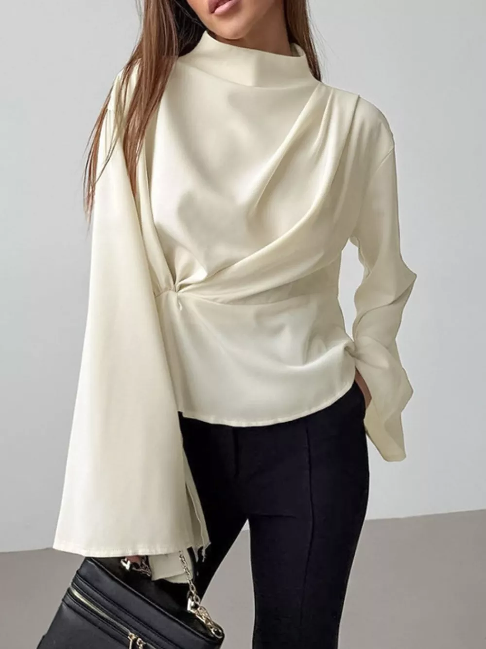 Ruched Mock Neck Long Sleeve Blosue, image 3