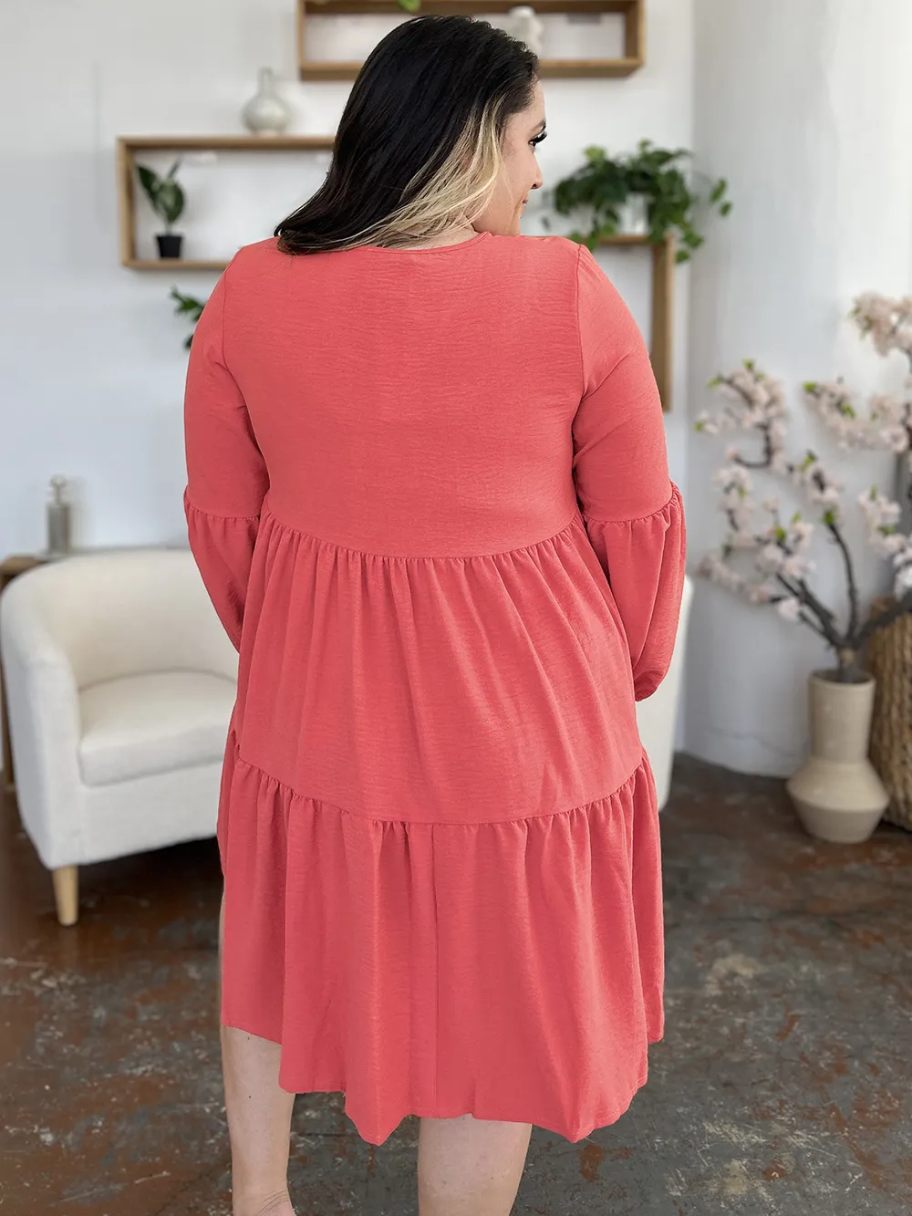 Full Size V-Neck Balloon Sleeve Tiered Dress with Pockets, image 12