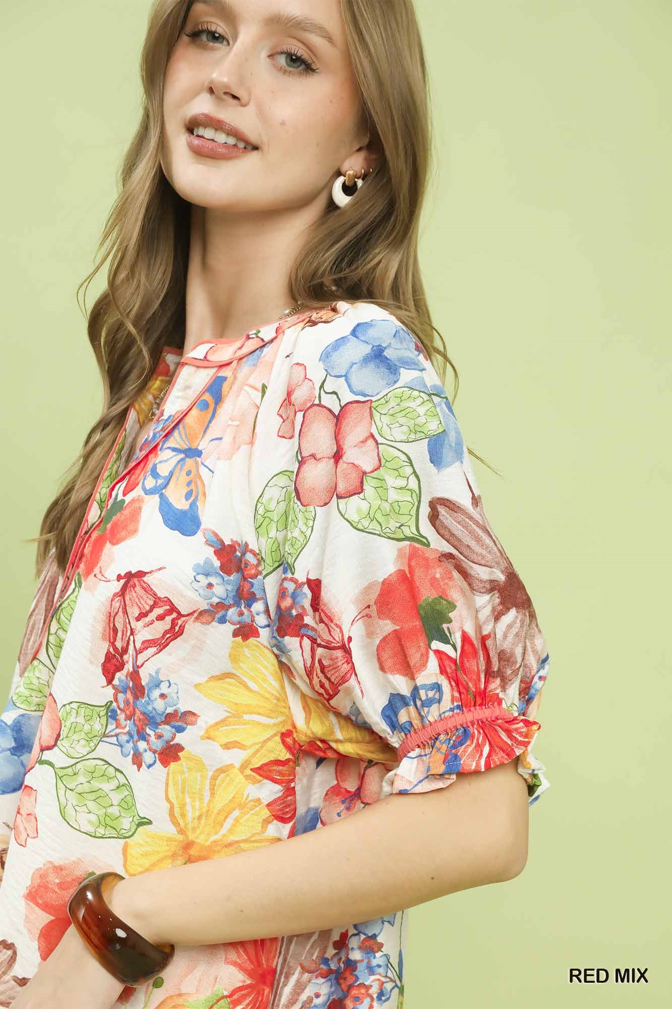 Watercolor Floral Print Top with High-Low Hem, image 2