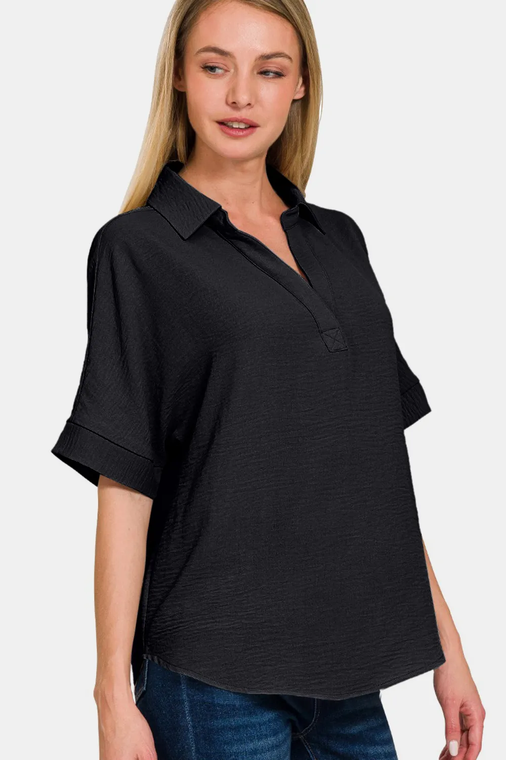 Full Size Texture Collared Neck Short Sleeve Top, image 3