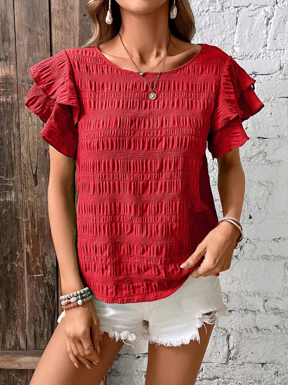 Round Neck Flounce Sleeve Blouse, image 14