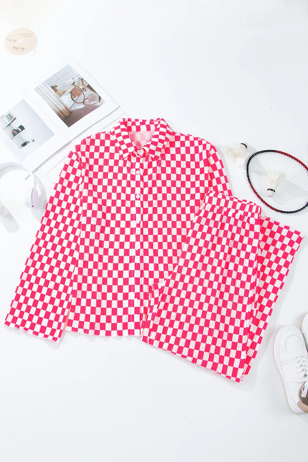 Checkered Button Up Top and Pants Lounge Set, image 2