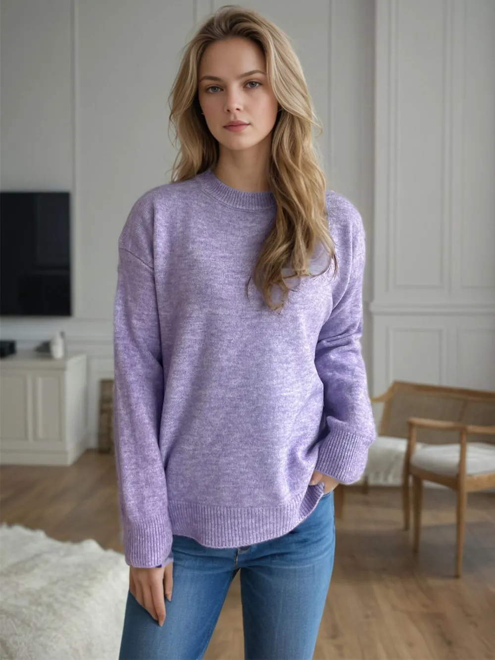 Round Neck Drop Shoulder Long Sleeve Sweater, image 2