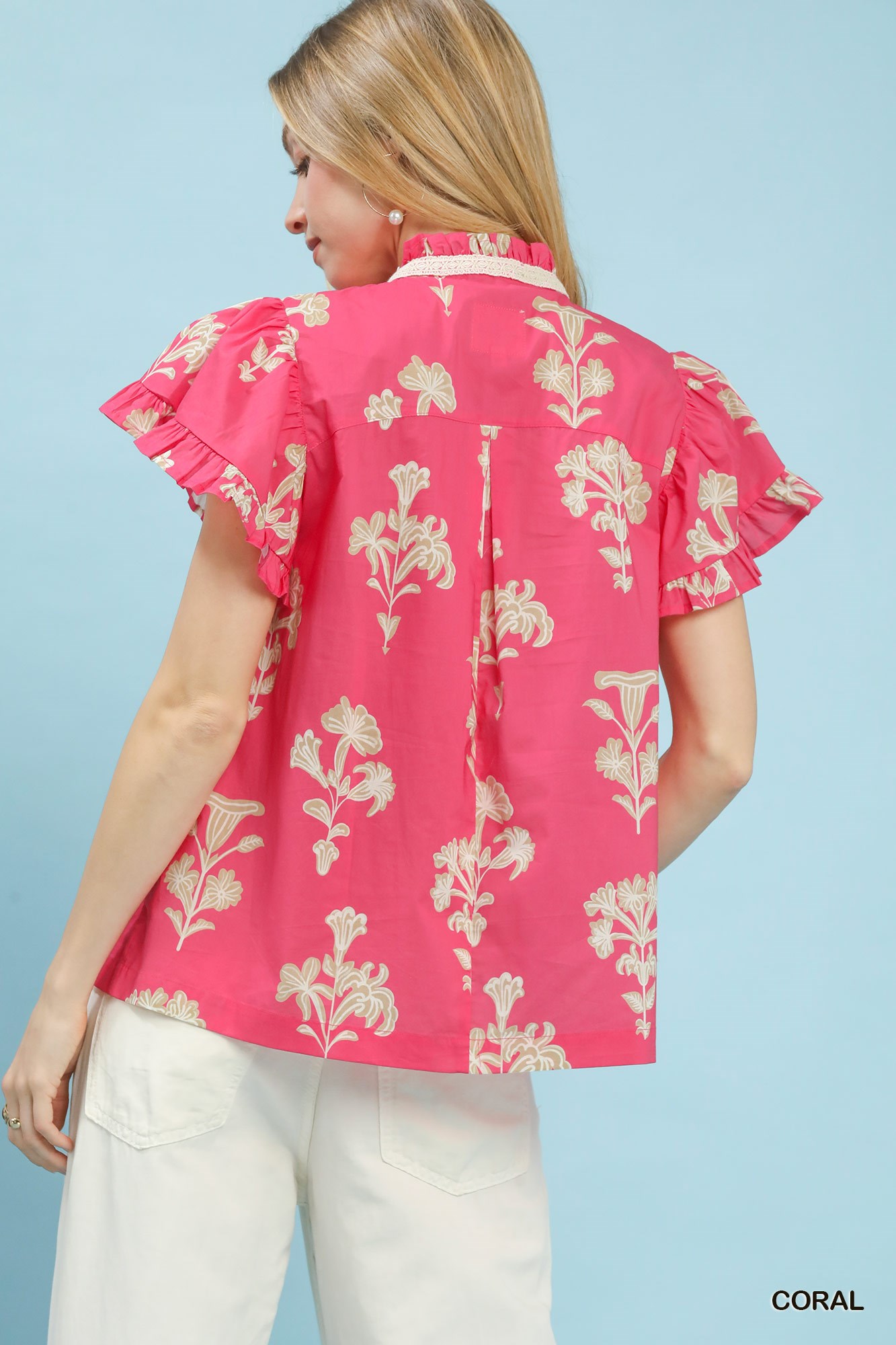 Floral Ruffle Sleeve Split-Neck Top, image 3
