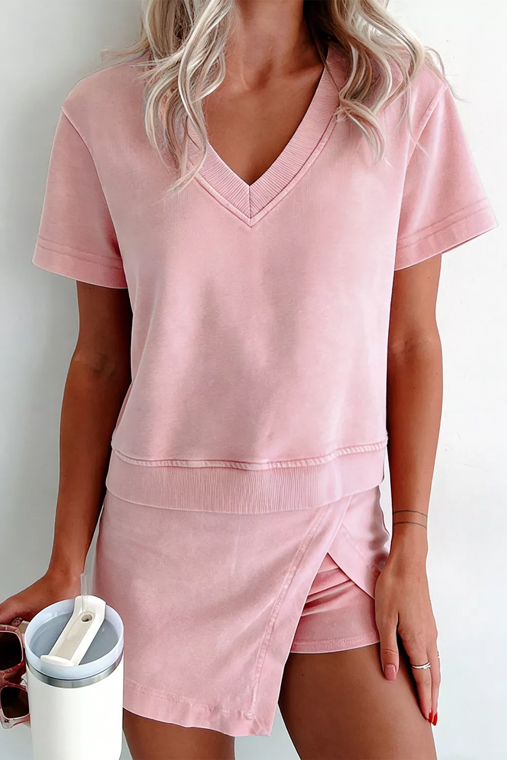 Casual V-Neck Top and Wrap Skort Set, image 3