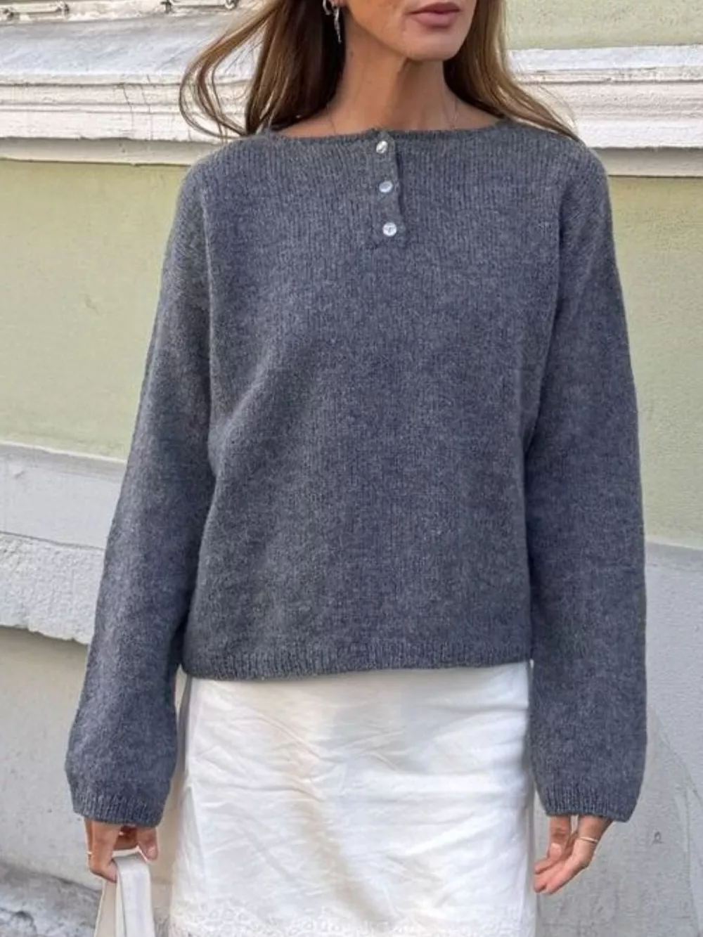 Button-Placket Round Neck Drop Shoulder Knit Top, image 3