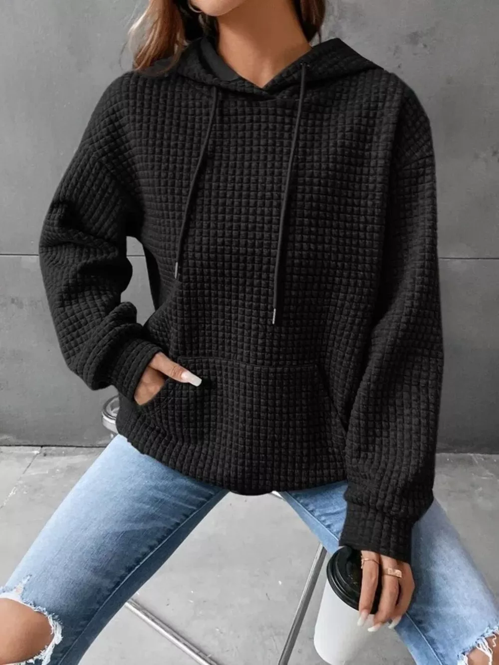 Full Size Textured Kangaroo Pocket Hoodie Plus Size