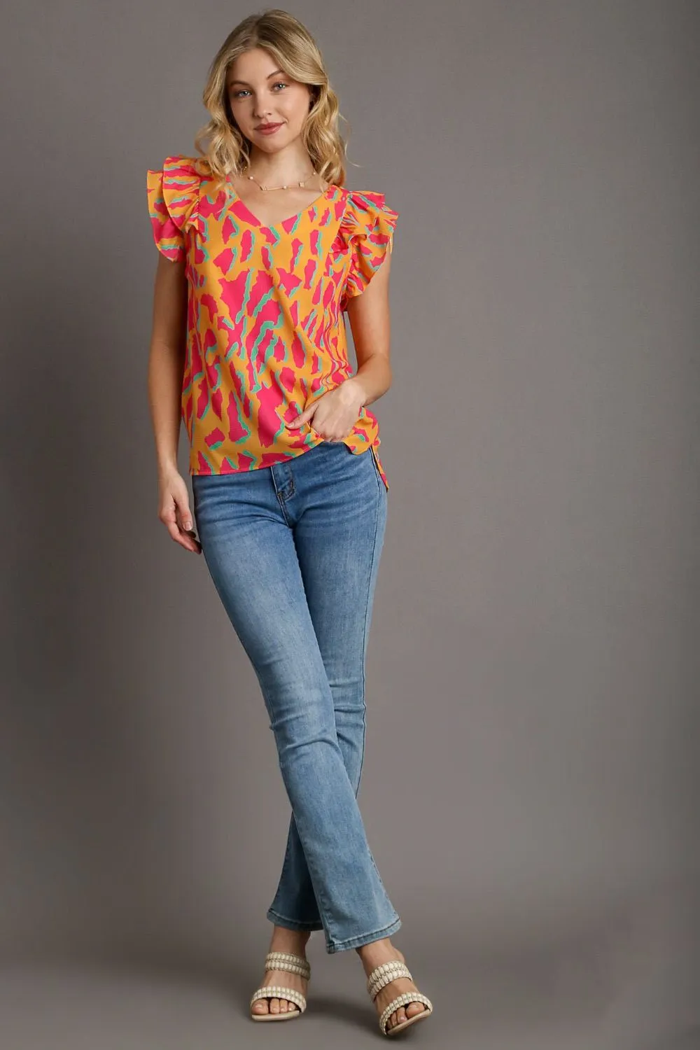 Full Size Abstract Print V-Neck Double Layer Ruffle Sleeve Blouse Plus Size, image 3