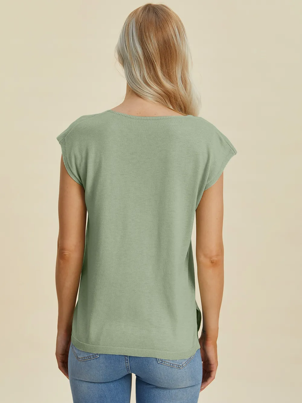 Full Size Notched Cap Sleeve Knit Top, image 6