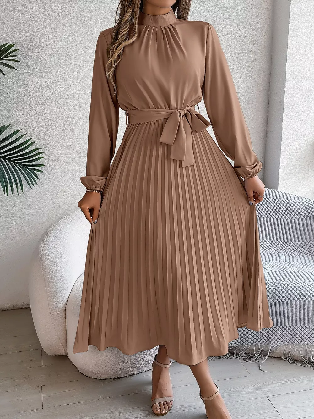 Mock Neck Pleated Midi Dress, image 12