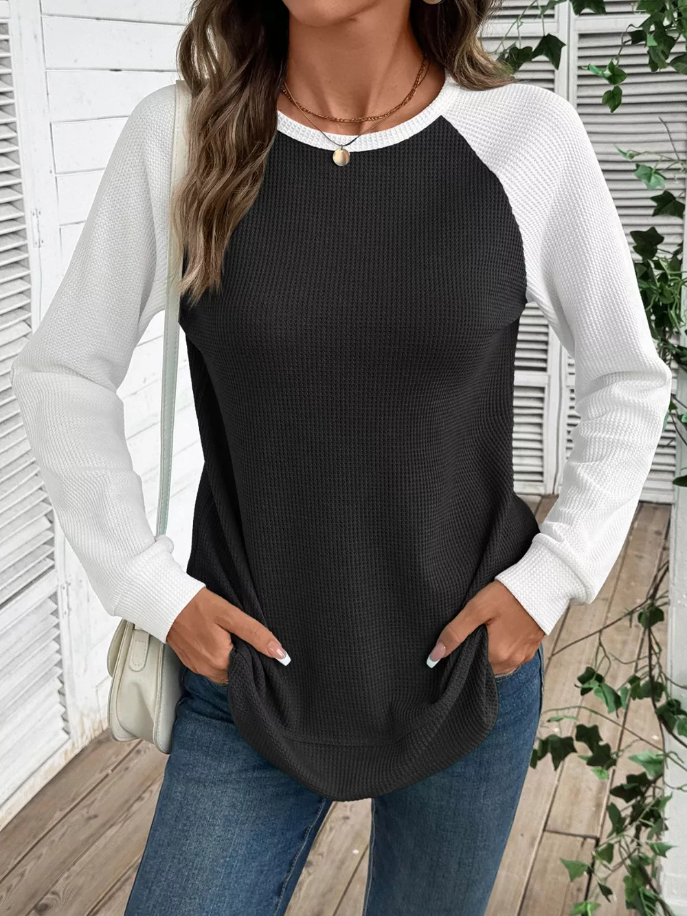 Waffle Knit Raglan Sleeve T-Shirt