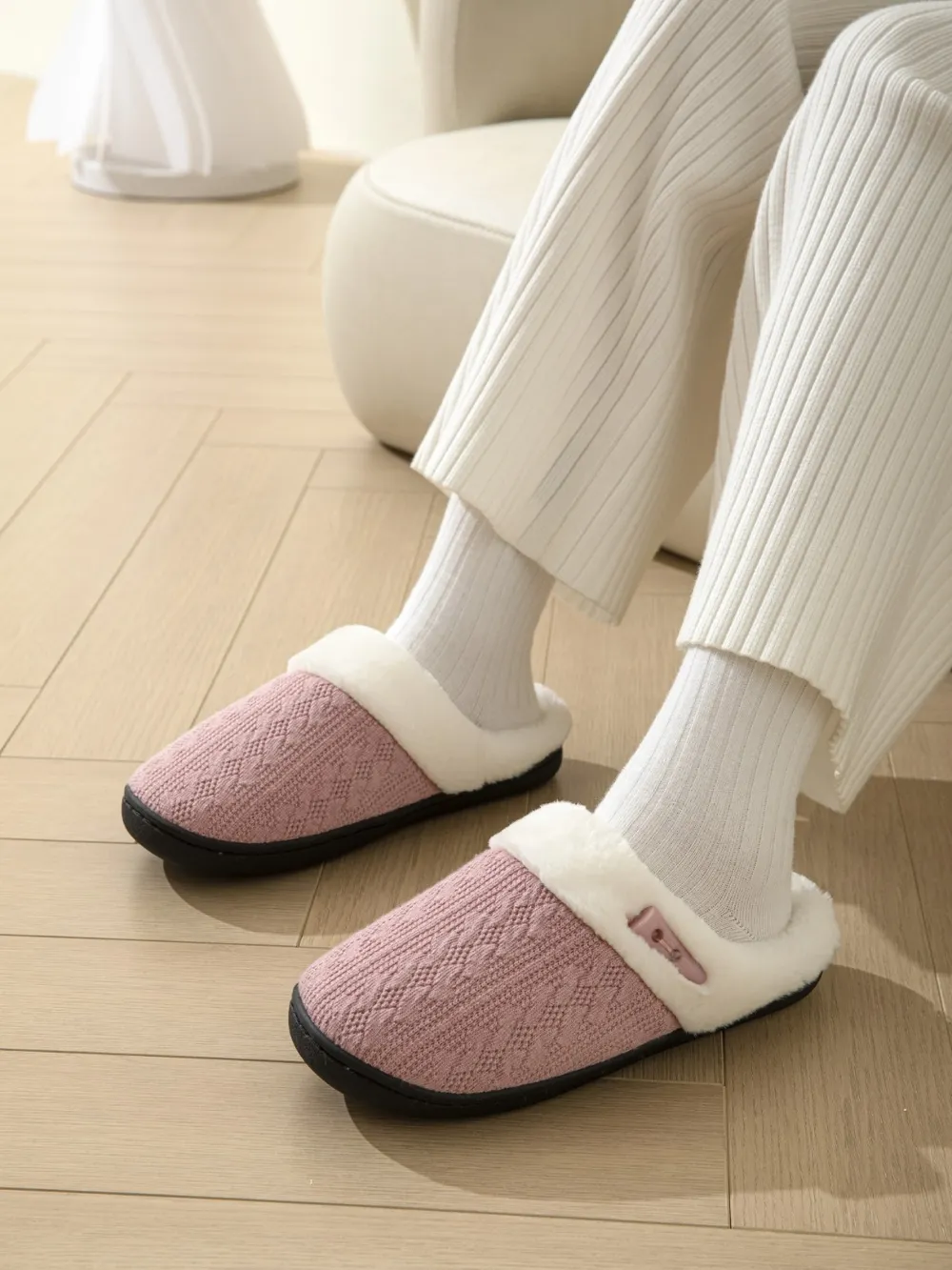 Horn Buckle Furry Texture Flat Slippers, image 11